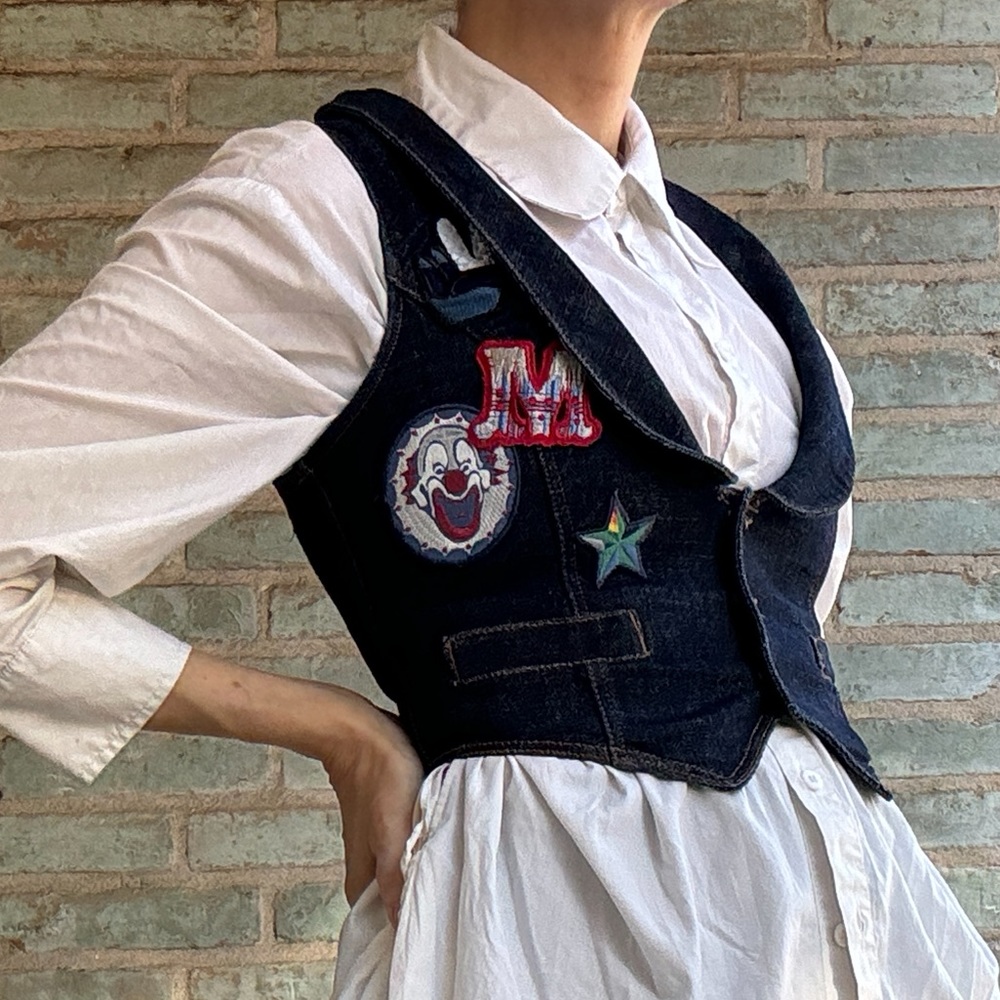 McQ Denim Vest Alexander McQueen Dark Wash Crop Waistcoat Patches NWT RARE
